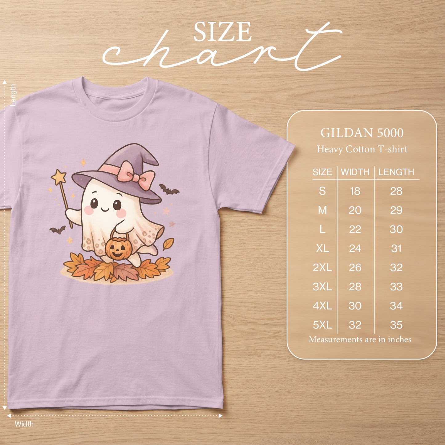 Size chart for Gildan 5000 Heavy Cotton T-shirt with cute ghost graphic.