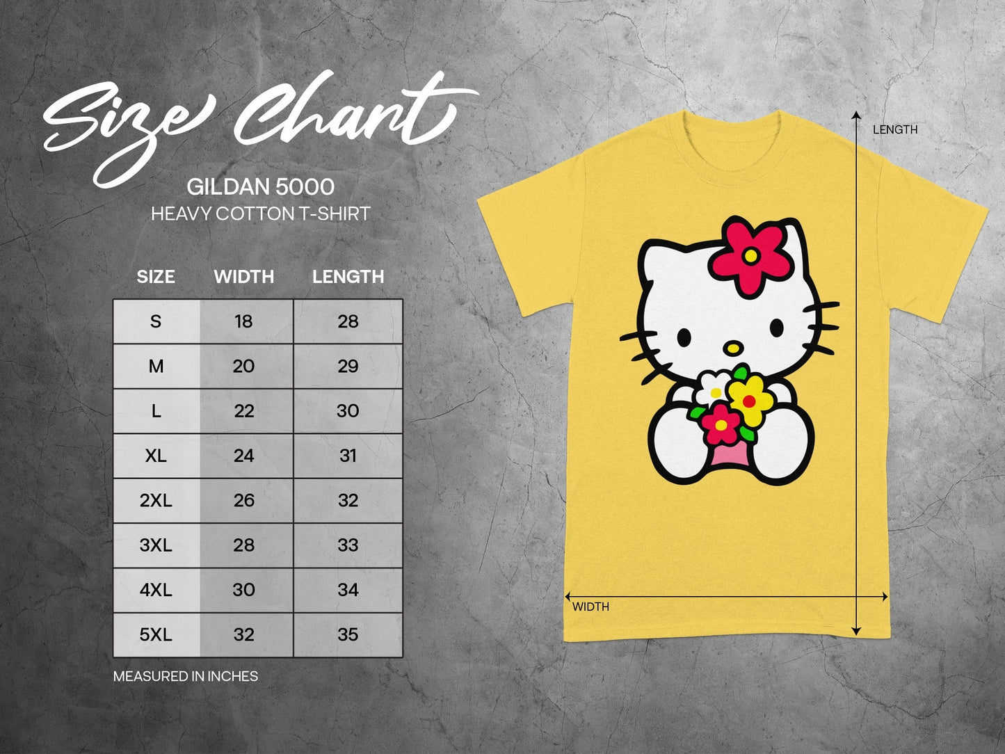 Gildan 5000 Yellow Character T-Shirt Size Chart product type