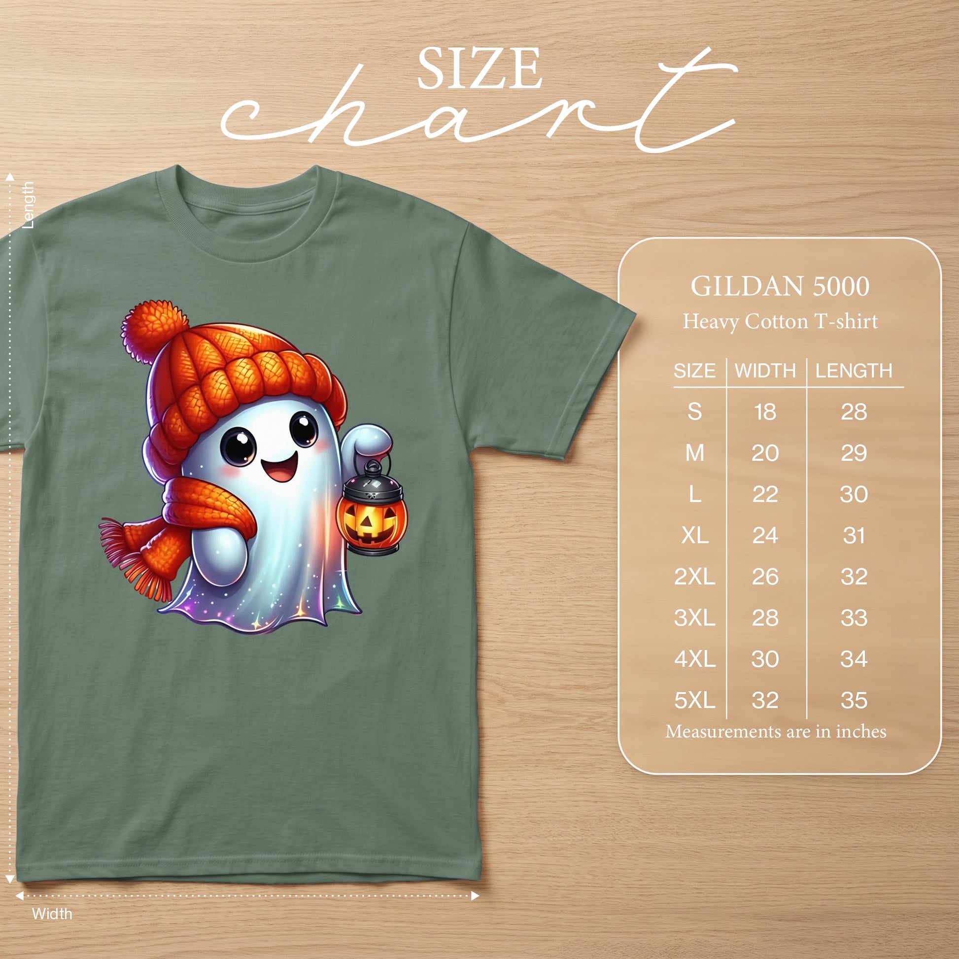Ghost with pumpkin lantern, wearing hat and scarf, with Gildan 5000 size chart.