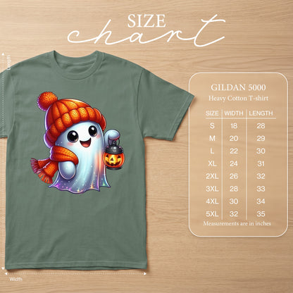 Ghost with pumpkin lantern, wearing hat and scarf, with Gildan 5000 size chart.