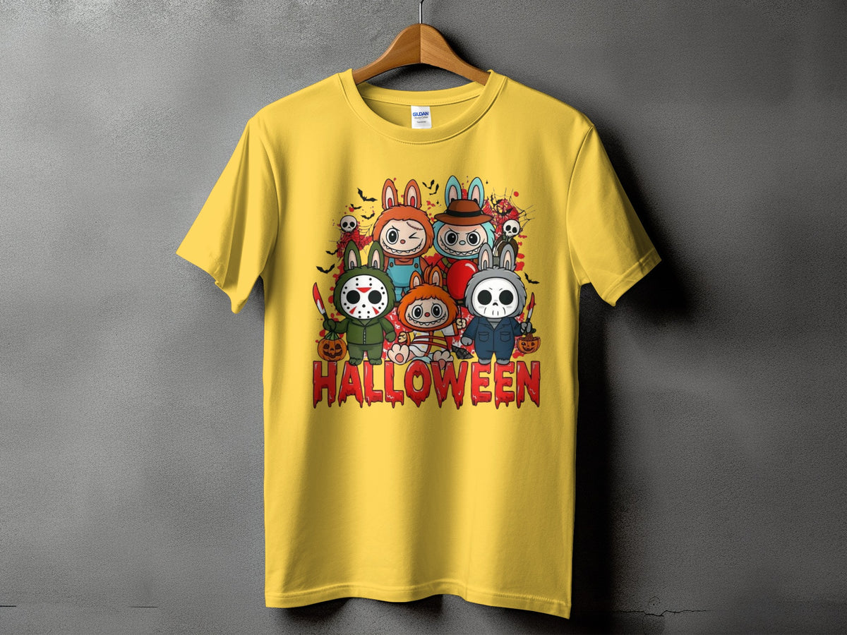 Yellow t-shirt featuring cartoon characters dressed as horror movie icons for Halloween.
