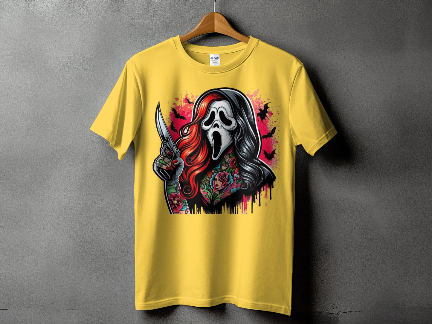 Yellow t-shirt with Scream mask character holding a knife and floral tattoos.