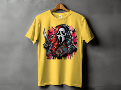 Yellow t-shirt with Scream mask character holding a knife and floral tattoos.