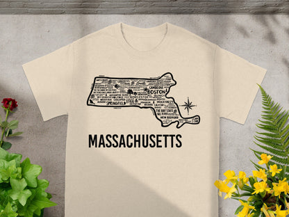Massachusetts Map Design on T-Shirt New England Apparel