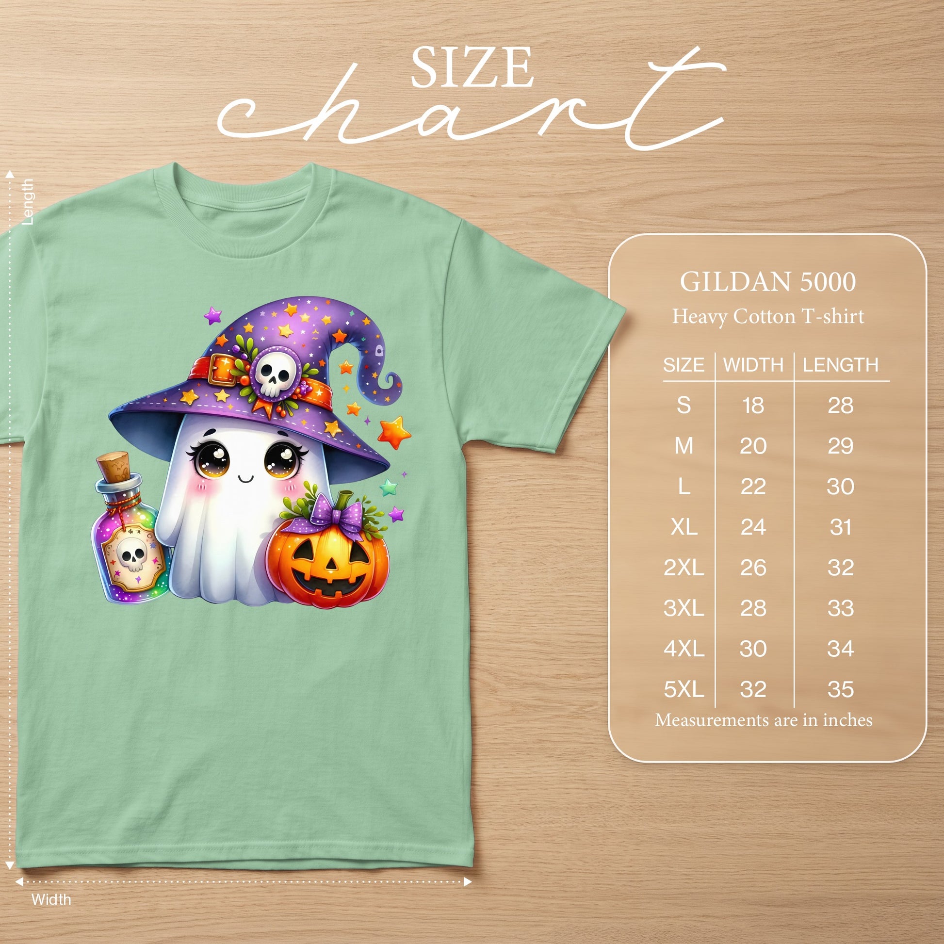 Light green t-shirt with a kawaii ghost wearing a witch hat and holding potion.