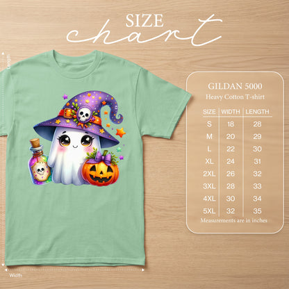 Light green t-shirt with a kawaii ghost wearing a witch hat and holding potion.