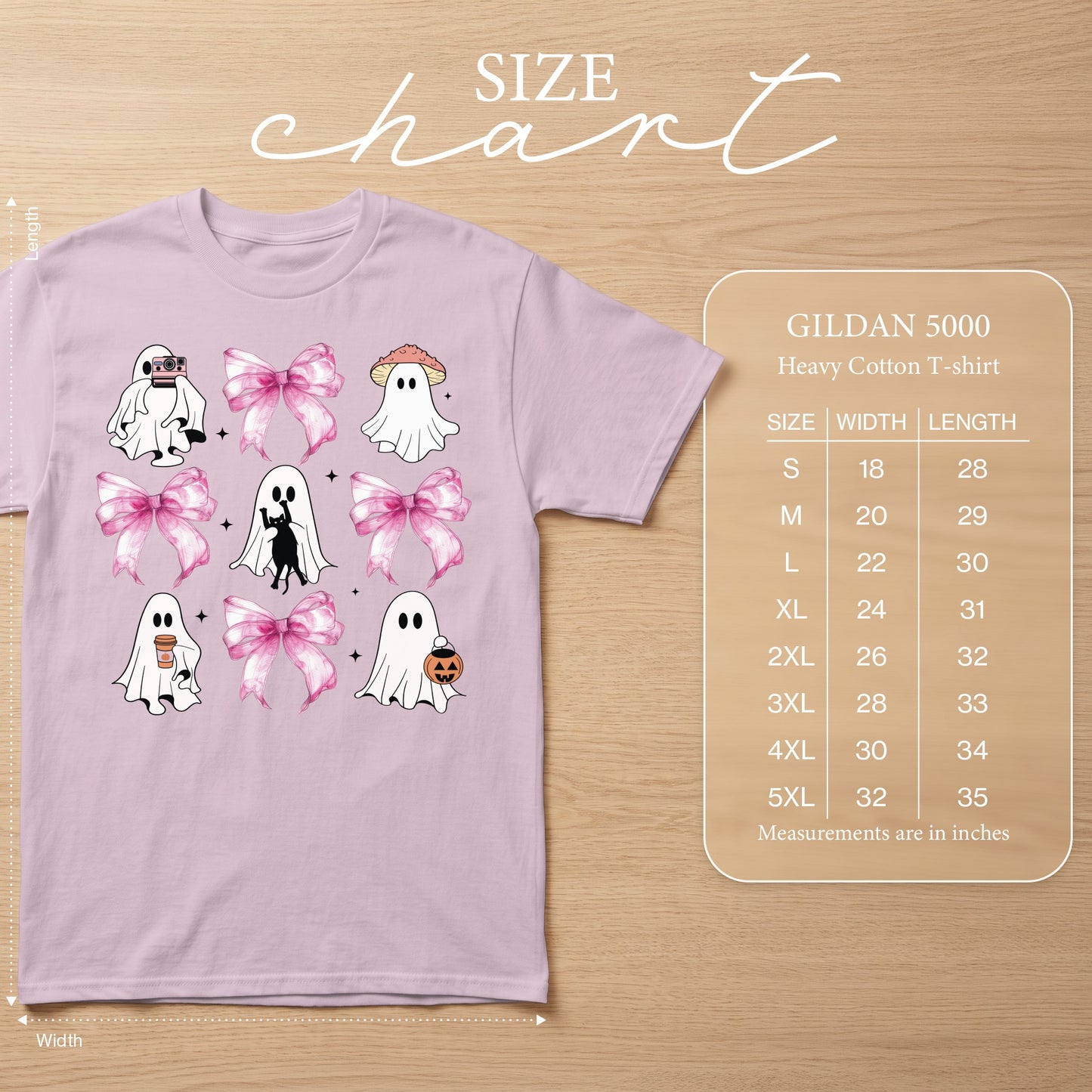 Gildan 5000 heavy cotton t-shirt with a ghost graphic and size chart.