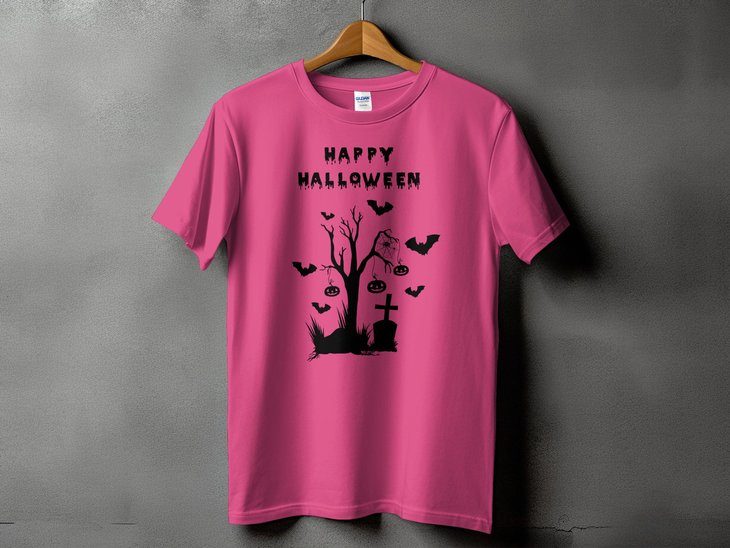 Pink t-shirt with "Happy Halloween" text and a black Halloween graphic.