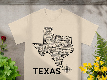 Texas Map Design T-Shirt with Cities and Towns