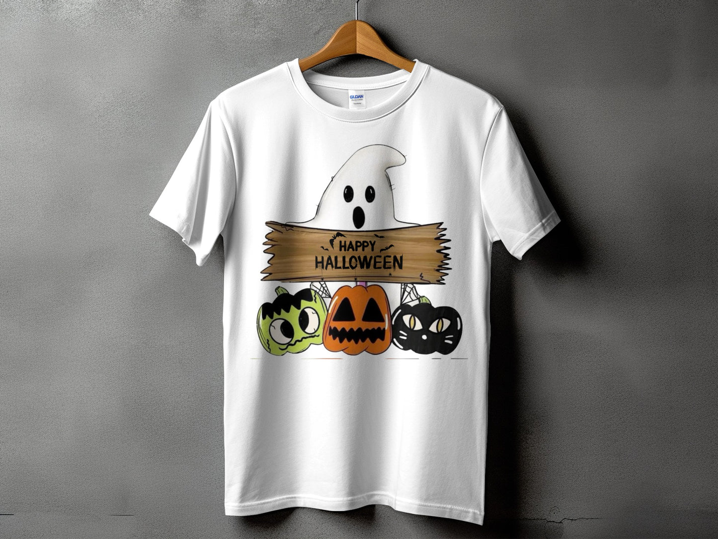 White t-shirt with ghost, pumpkins, black cat, and "Happy Halloween" text.