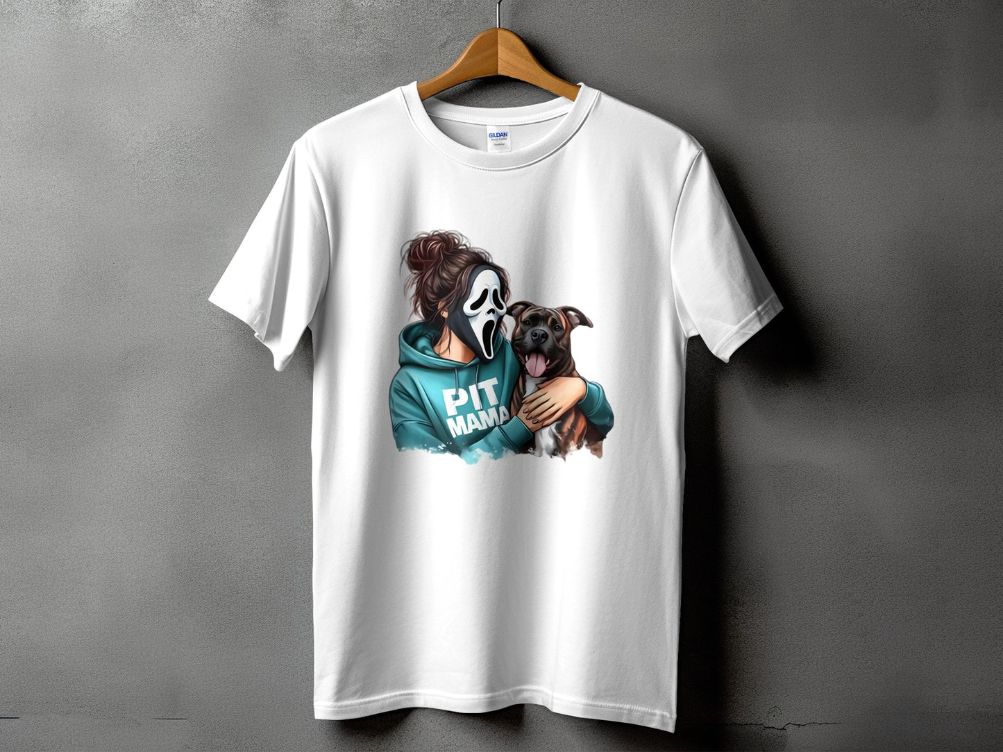 White t-shirt with a graphic of a person in a ghost mask hugging a pit bull dog with "PIT MAMA" text.