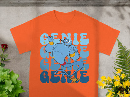 Orange t-shirt with "GENIE" in stylized blue text and a genie illustration.