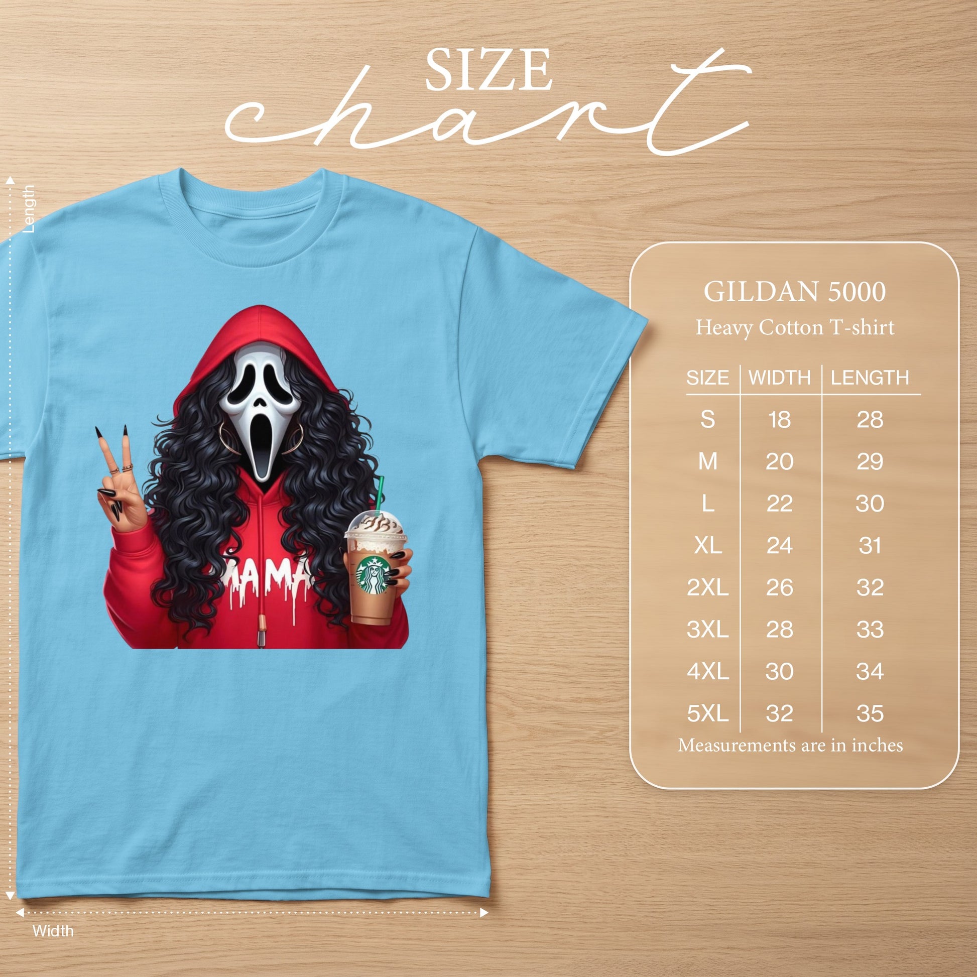 Light blue t-shirt with a Ghostface character holding a Starbucks drink.