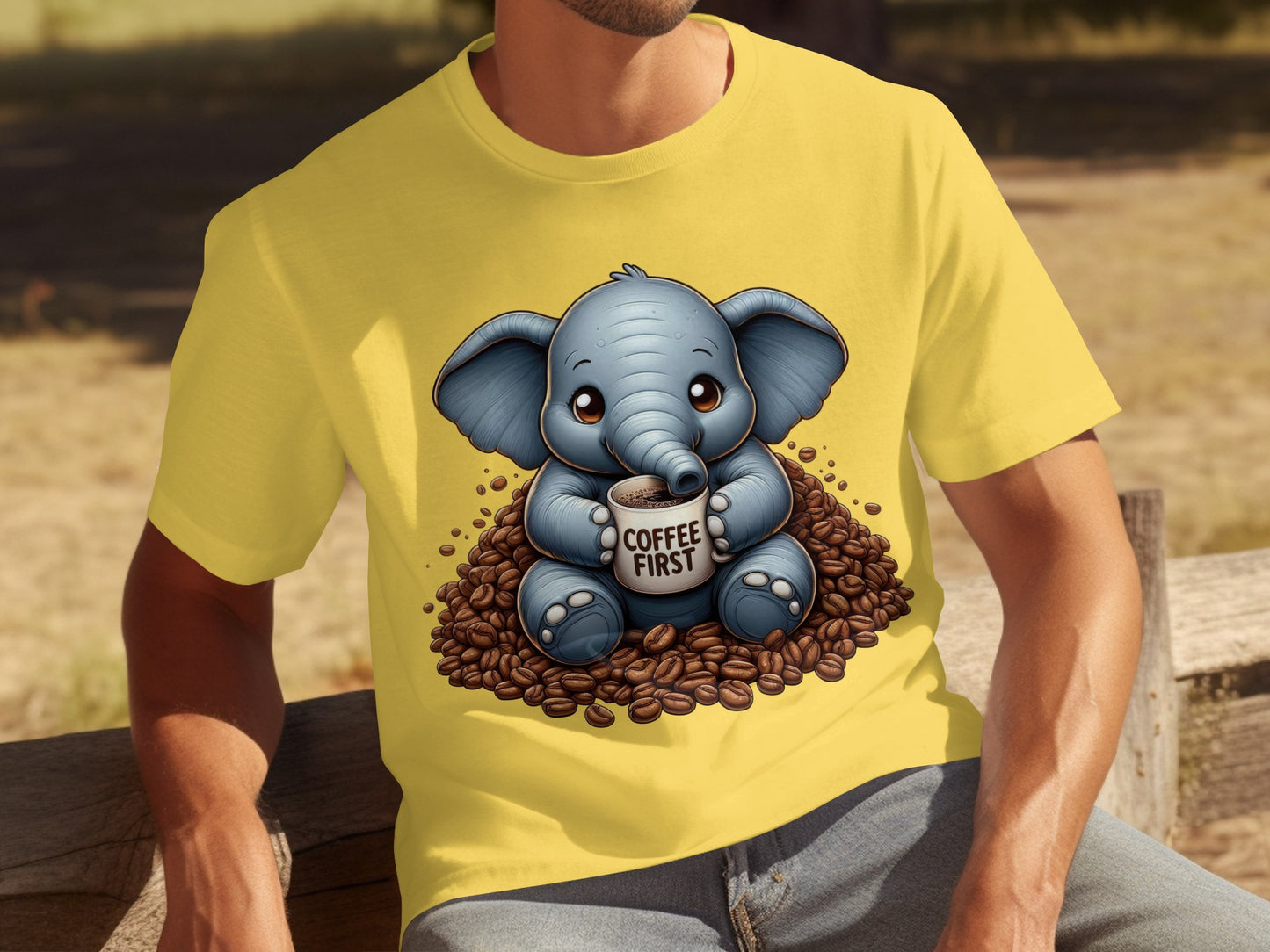 Cute Elephant with Coffee First Yellow T-shirt