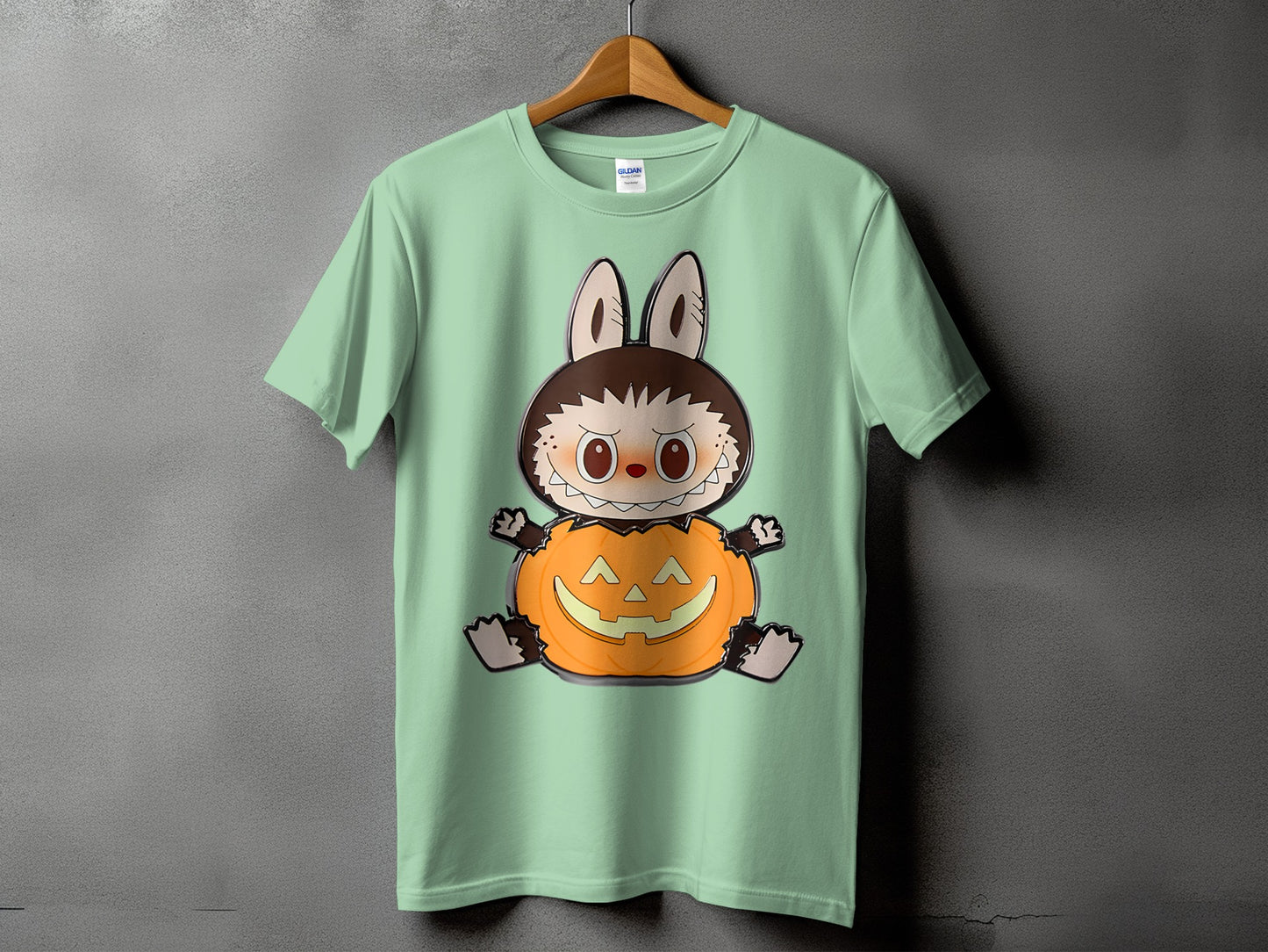 Light green t-shirt with cartoon monster sitting in a jack-o'-lantern.