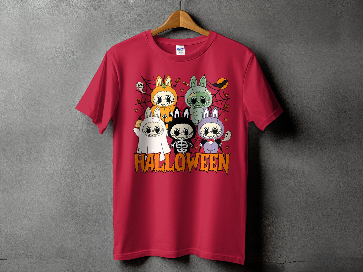 Red t-shirt with cartoon Halloween characters and "Halloween" text.