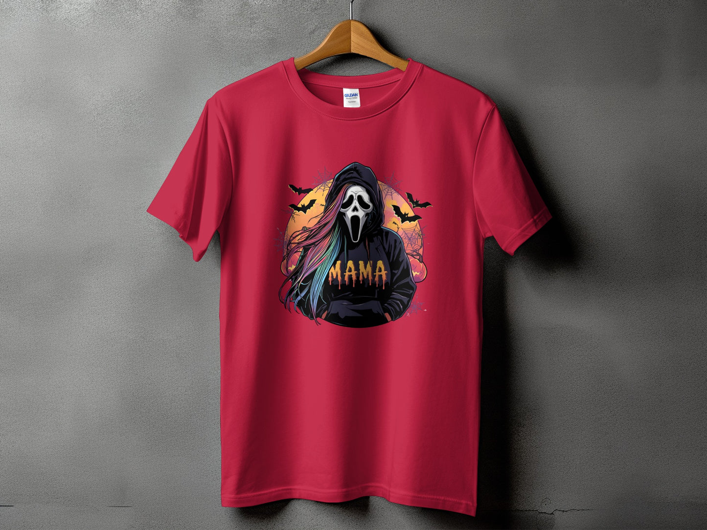 Red t-shirt with a graphic of a ghost face and "MAMA" text.
