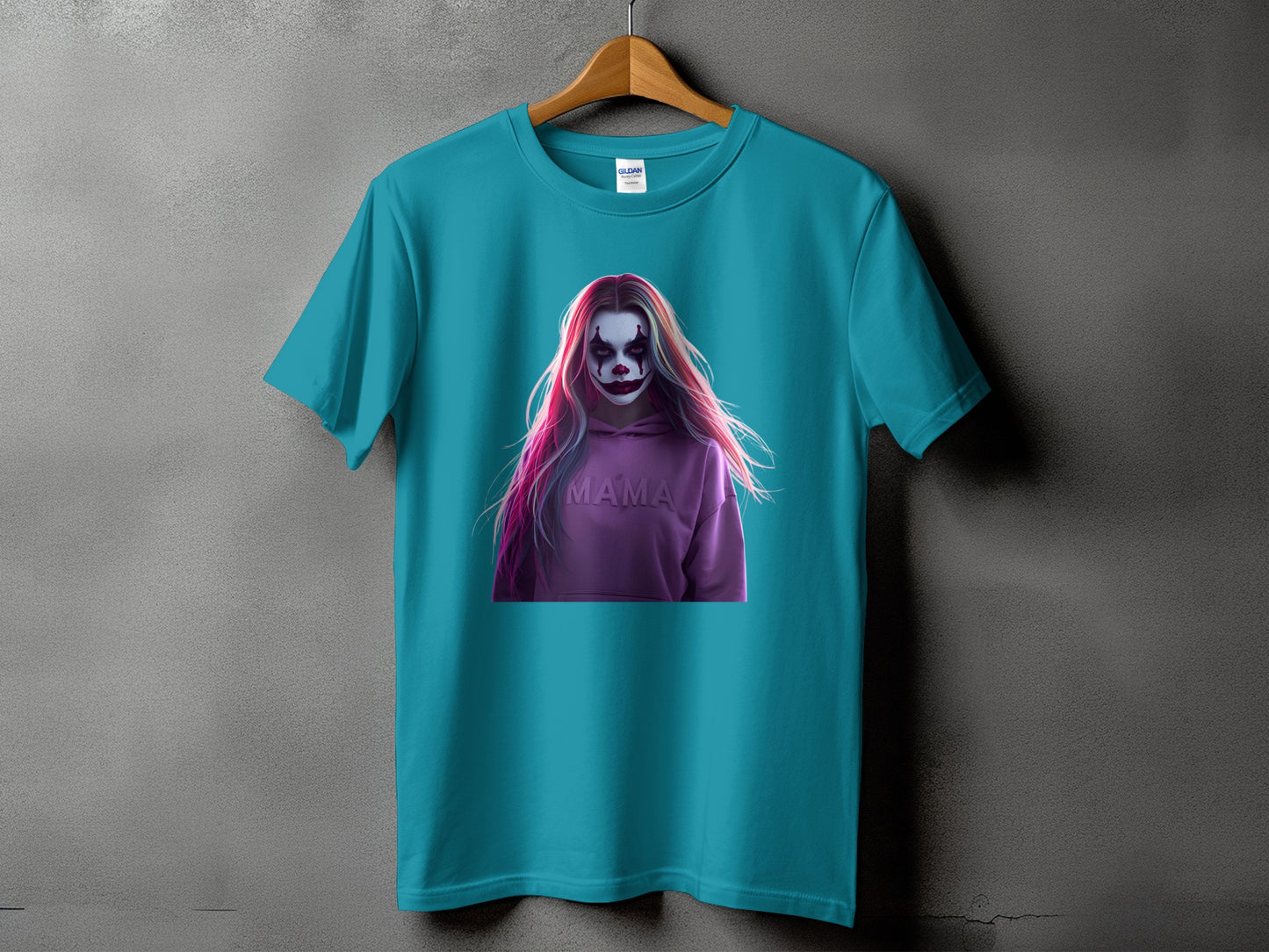 Teal t-shirt with a clown graphic and "MAMA" text on a purple hoodie.