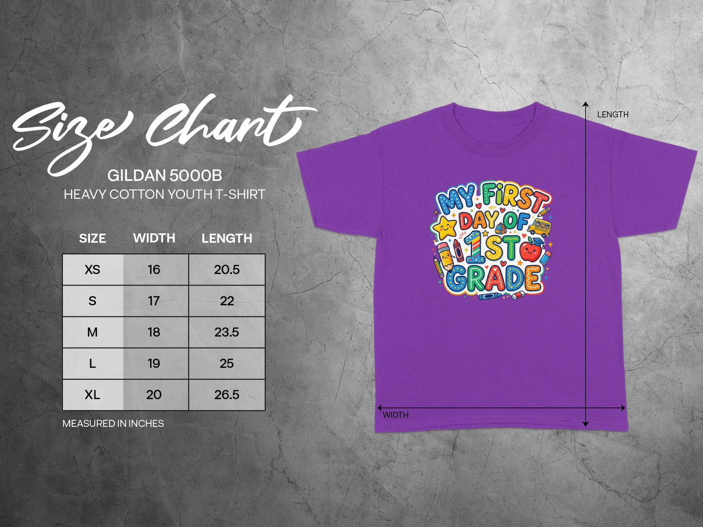 Gildan 5000B youth t-shirt size chart with width and length measurements in inches.