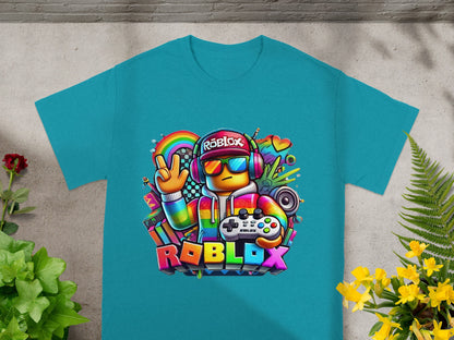 Roblox graphic tee with colorful character and rainbow details.