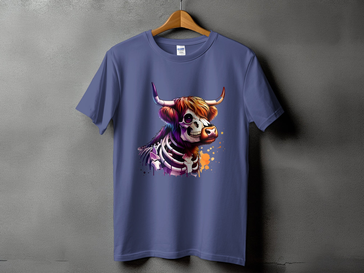 Skeleton Highland cow with colorful mane and watercolor splatters on purple t-shirt.