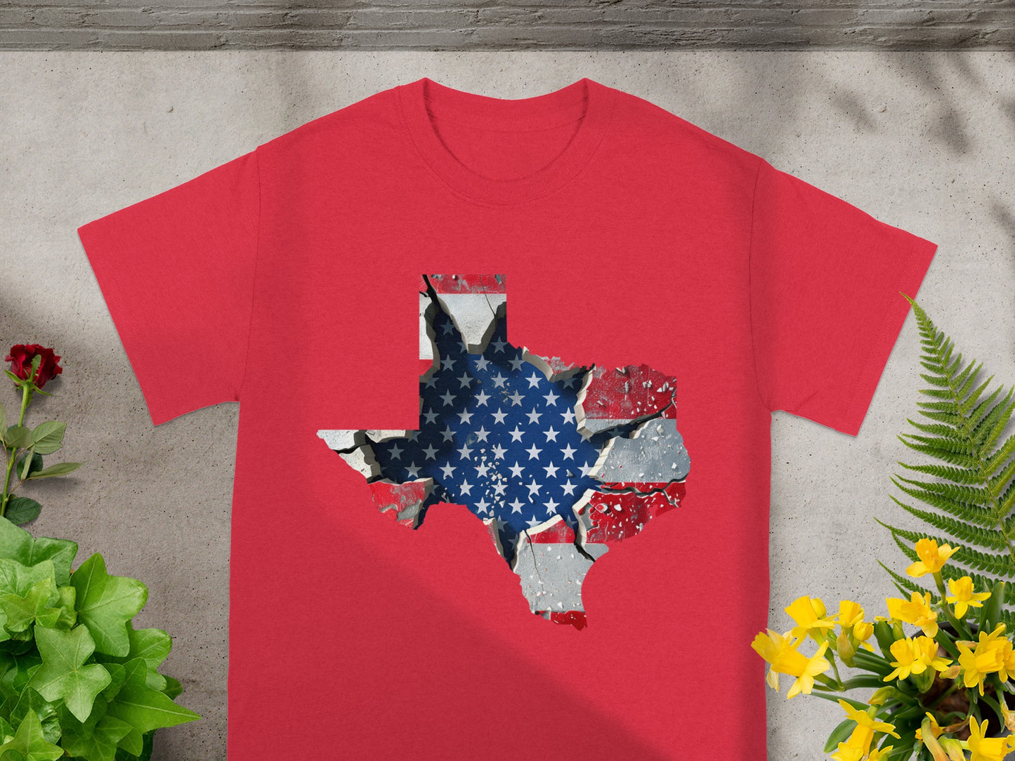 Red t-shirt with a cracked Texas outline filled with the American flag.