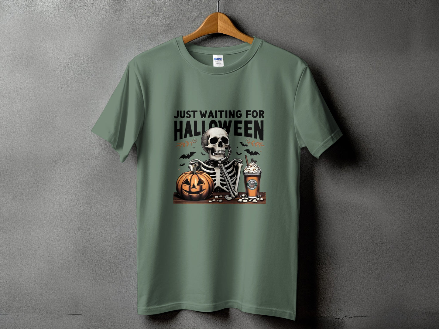 Green t-shirt with "Just Waiting For Halloween" text and skeleton, pumpkin, and coffee.