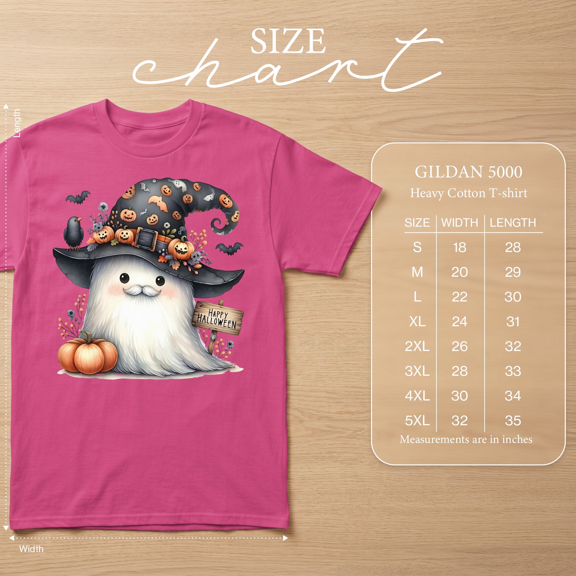 Pink t-shirt with ghost wearing witch hat, pumpkin, and "Happy Halloween" sign. Size chart shown.