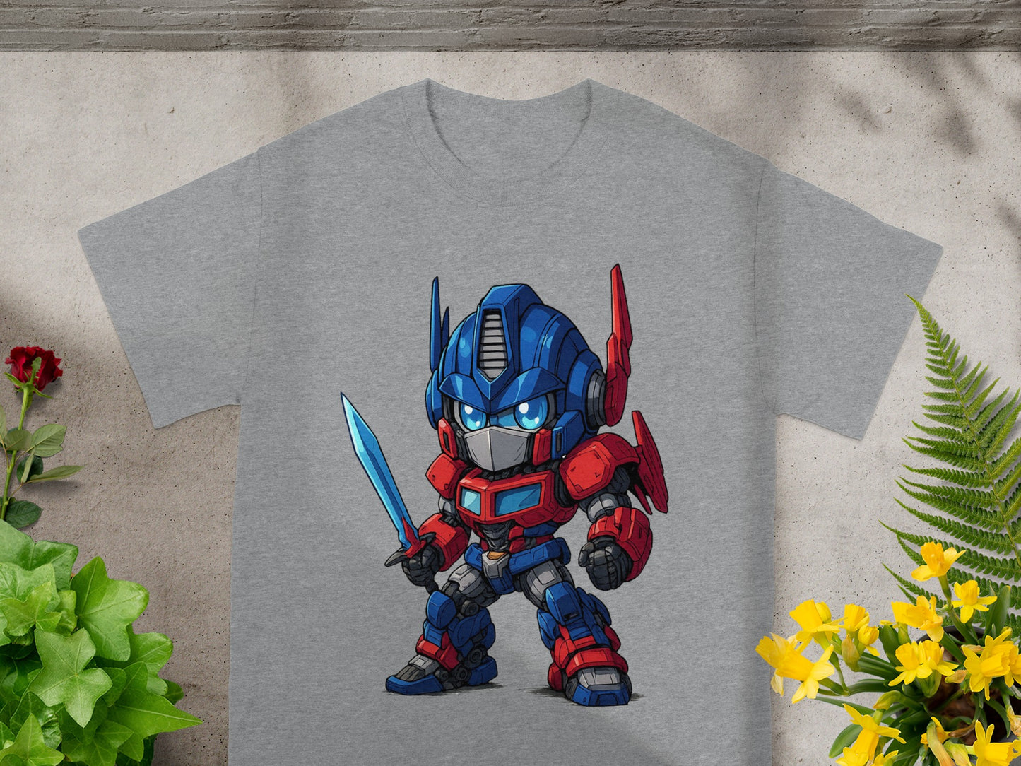 Chibi Optimus Prime in red and blue armor holding a blue sword.