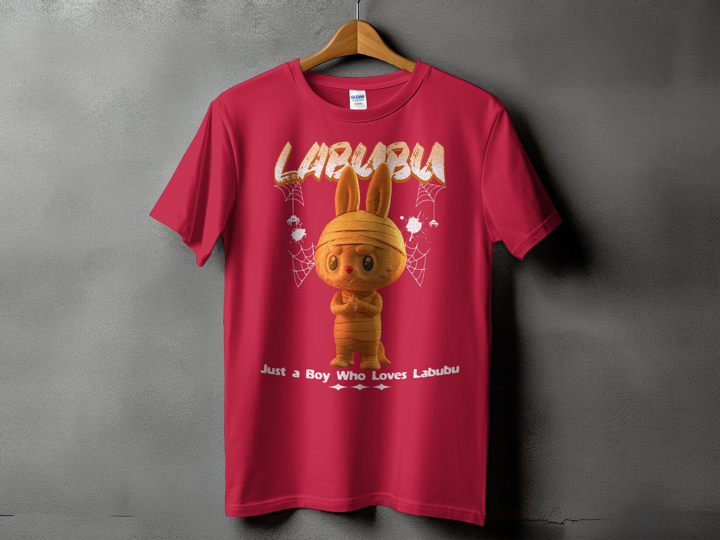 Red t-shirt with Labubu character and "Just a Boy Who Loves Labubu" text.