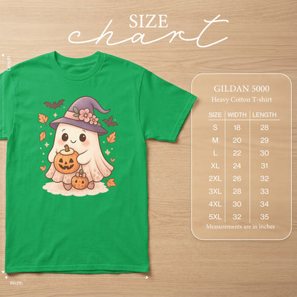 Green Gildan 5000 heavy cotton t-shirt with ghost, pumpkins, bats, and size chart.