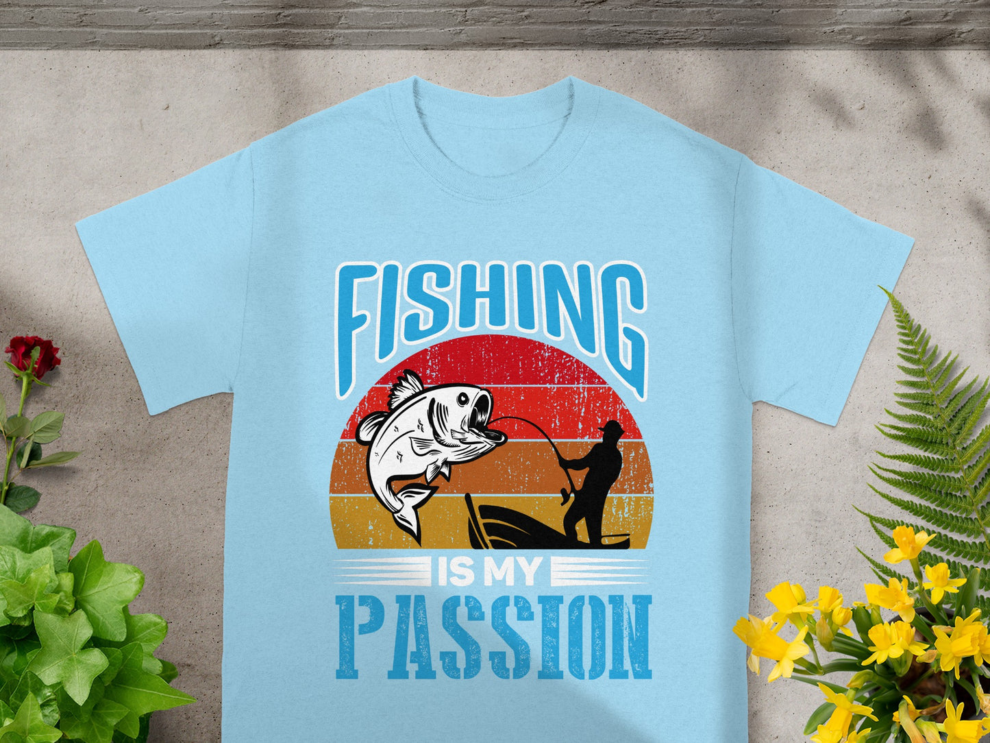 Light blue t-shirt with "FISHING IS MY PASSION" text and fishing graphic.