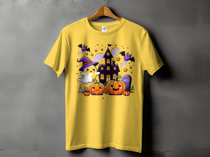 Yellow t-shirt with cute Halloween graphic featuring a ghost, pumpkins, bats, and a haunted house.