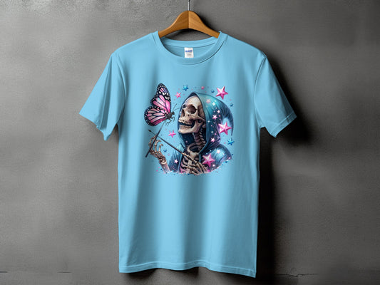 Light blue t-shirt with grim reaper skeleton, butterfly, and pink stars graphic.