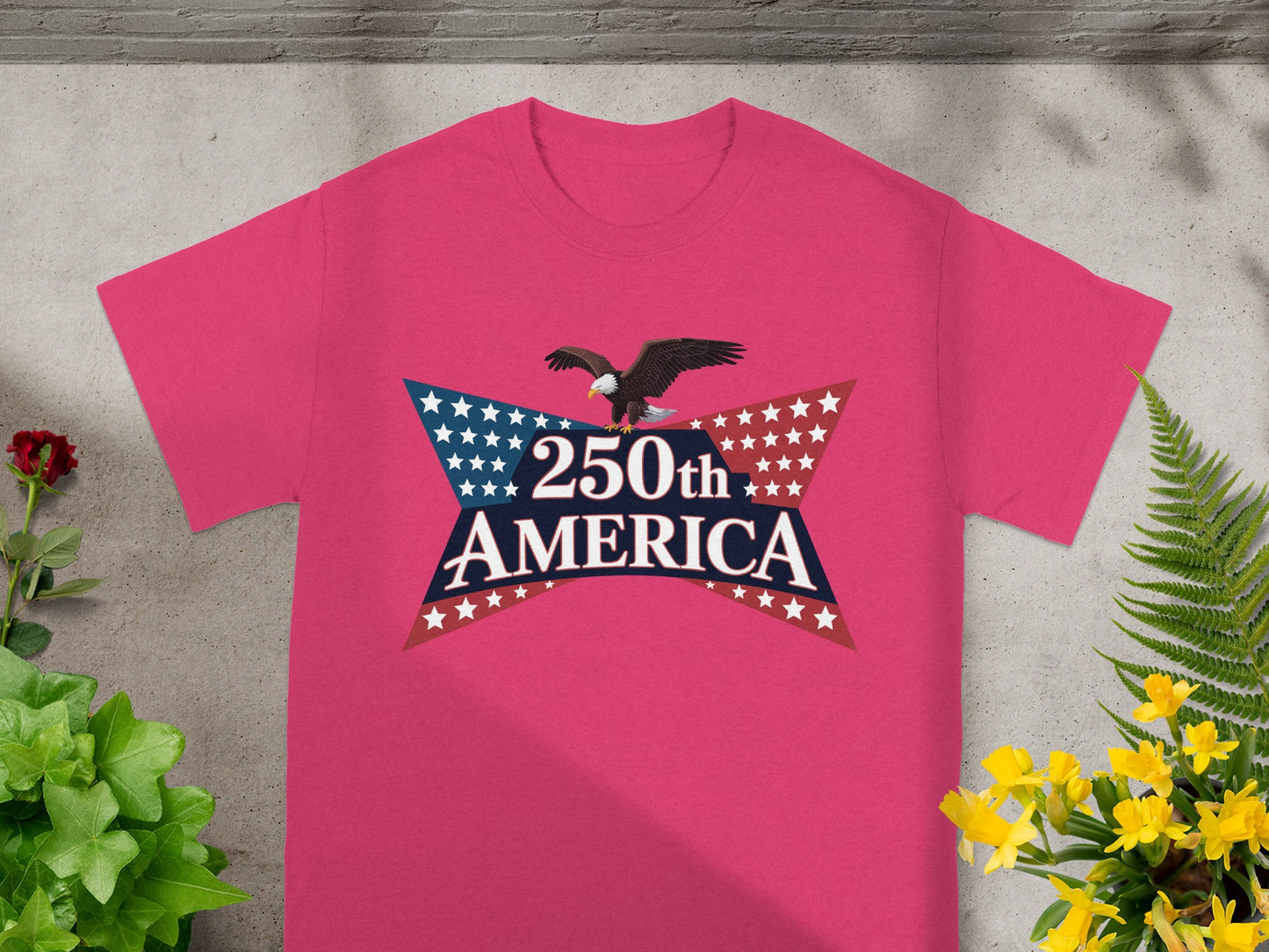 Pink t-shirt with "250th AMERICA" text and patriotic stars graphic.