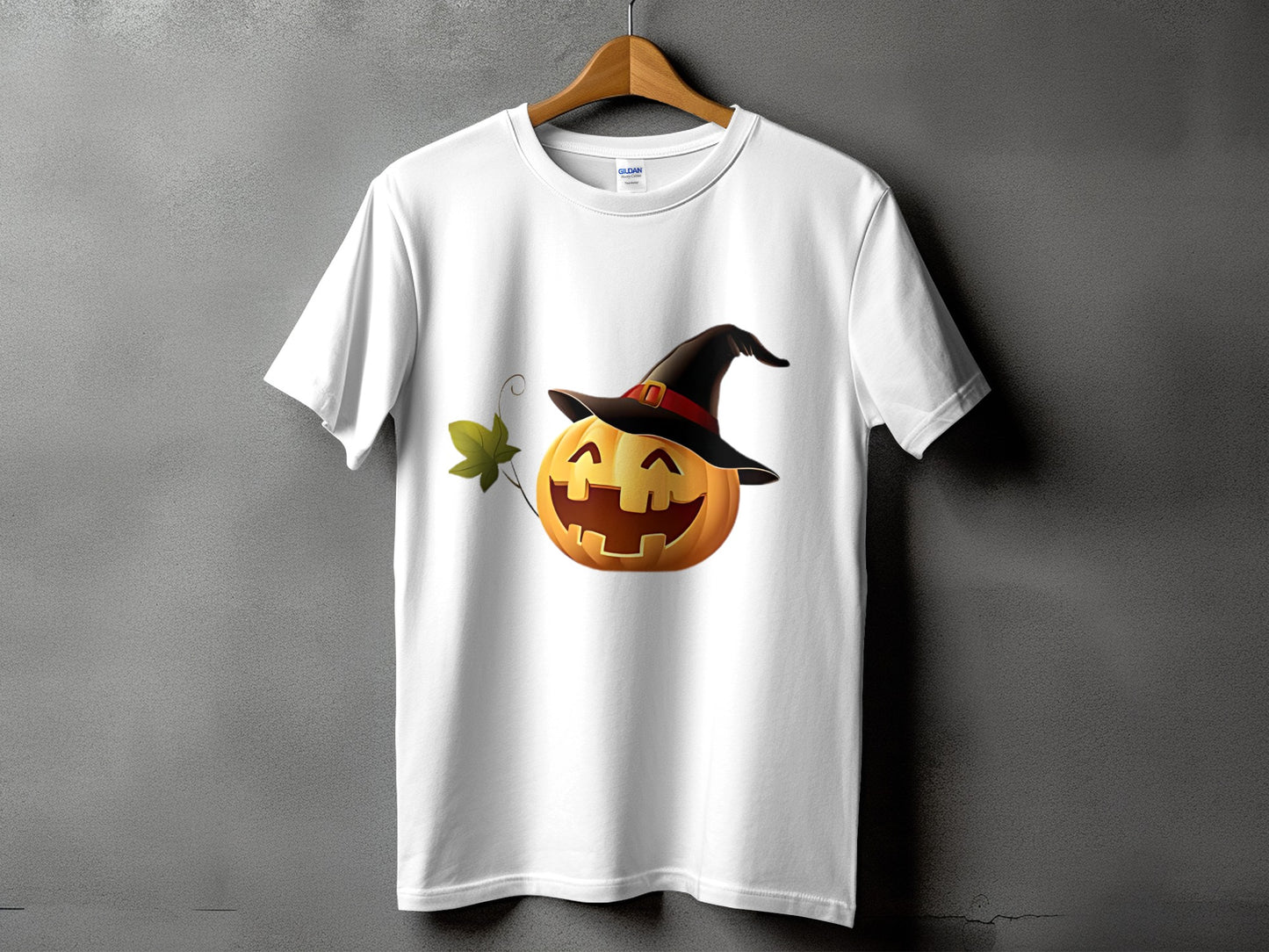 White t-shirt with a smiling jack-o'-lantern wearing a witch hat.