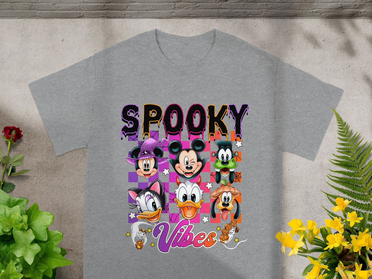 Grey t-shirt with "SPOOKY Vibes" text and Disney characters in Halloween costumes.
