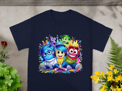 Inside Out characters Joy, Sadness, Anger, Disgust, and Fear sitting together.