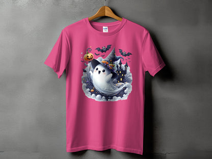 Pink t-shirt with a cute ghost wearing a witch hat and holding a pumpkin.