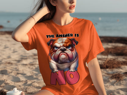 The Answer Is No Bulldog Print Orange Graphic Tee
