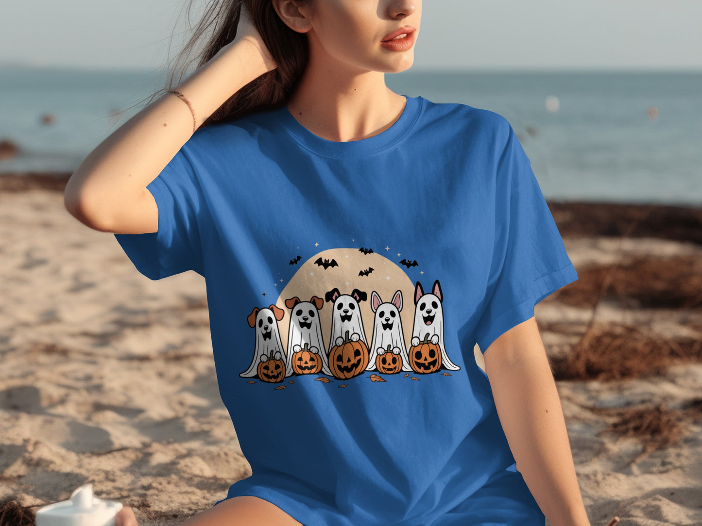Halloween Ghost Dogs Pumpkin Design on Beach T-shirt