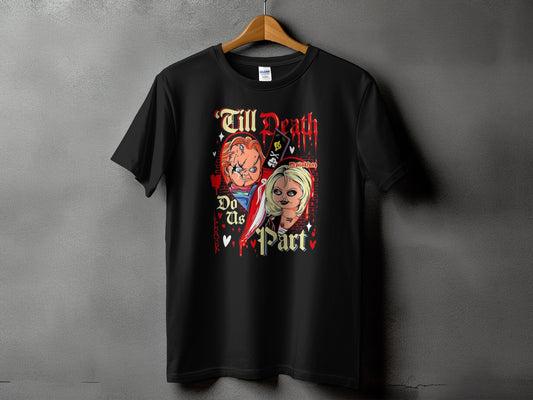 Black t-shirt with Chucky and Tiffany dolls and "Till Death Do Us Part" text.