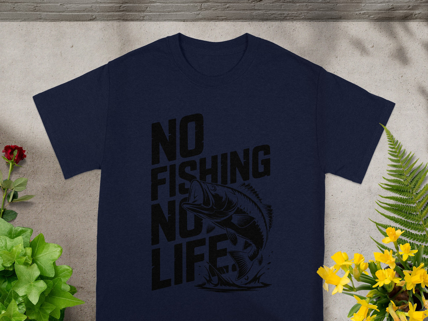 Navy t-shirt with black text that reads "NO FISHING NO LIFE" and a leaping fish graphic.