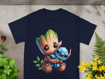 Groot and Stitch characters hugging on a navy blue t-shirt.