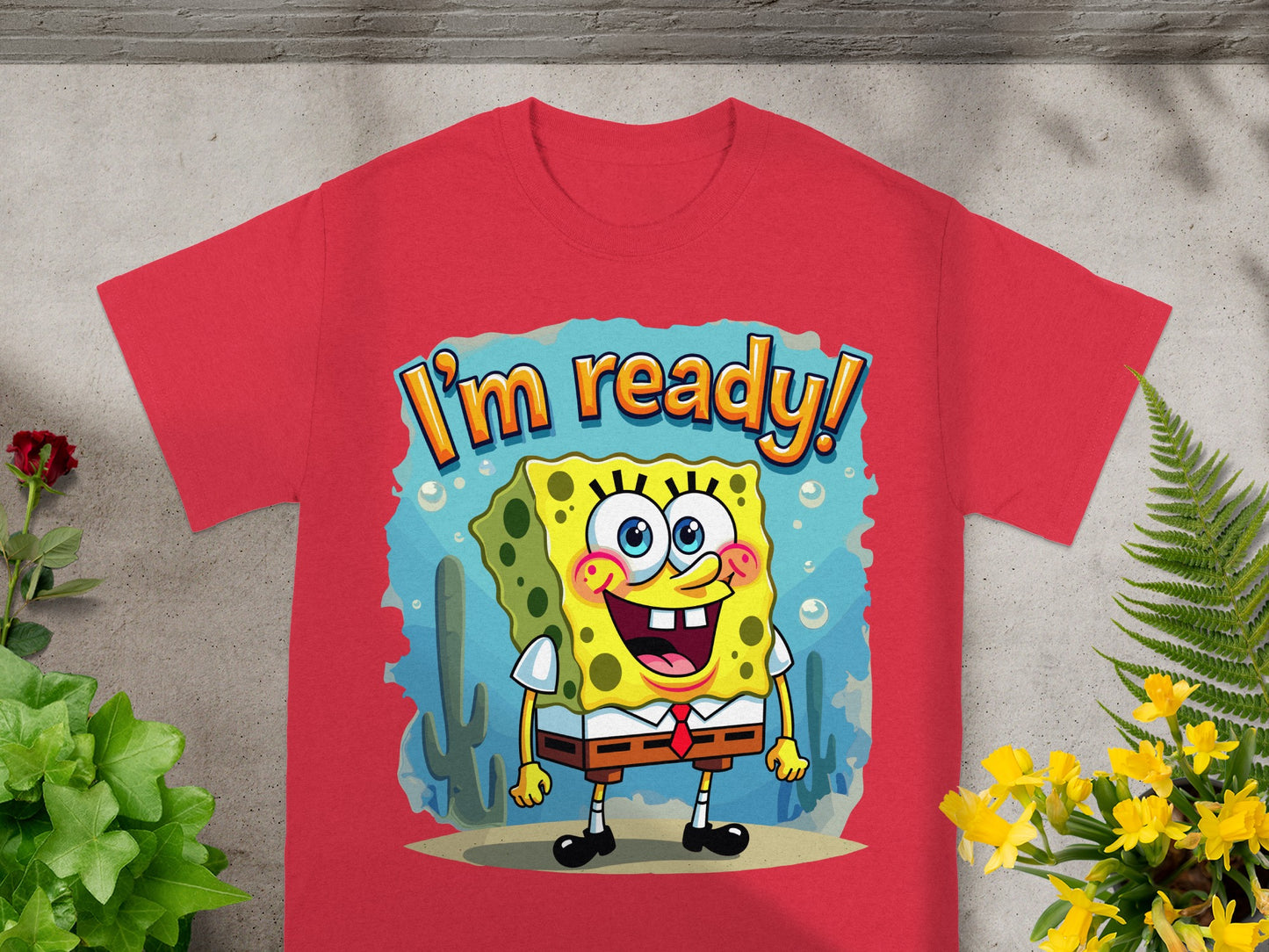 Red t-shirt with Spongebob Squarepants character and text "I'm ready!"