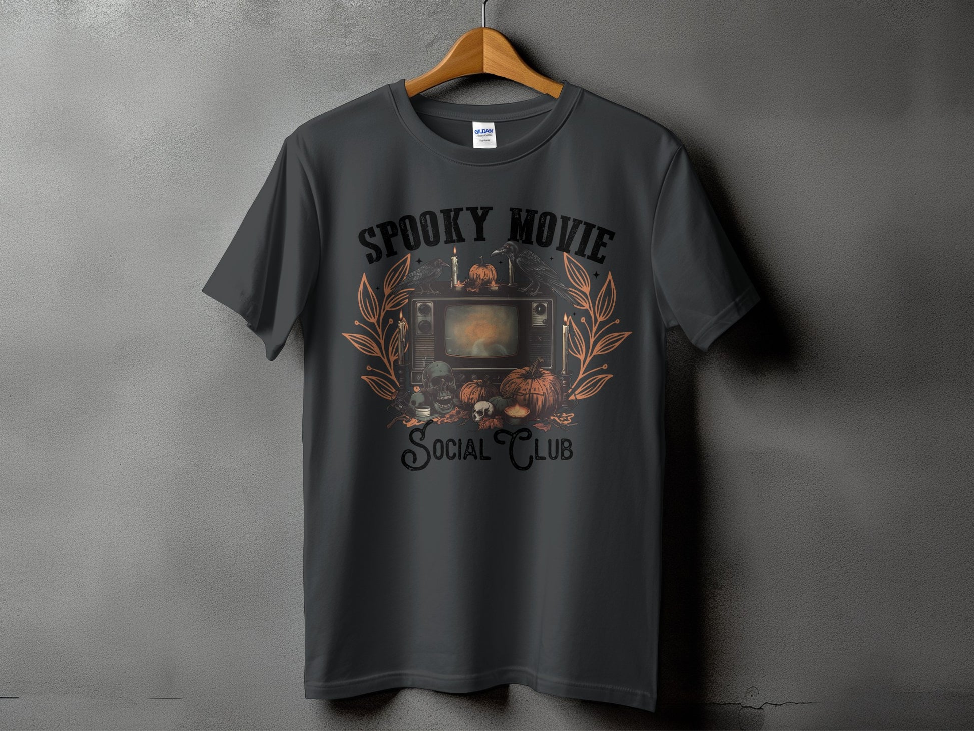 Dark grey t-shirt with "Spooky Movie Social Club" and Halloween graphics.