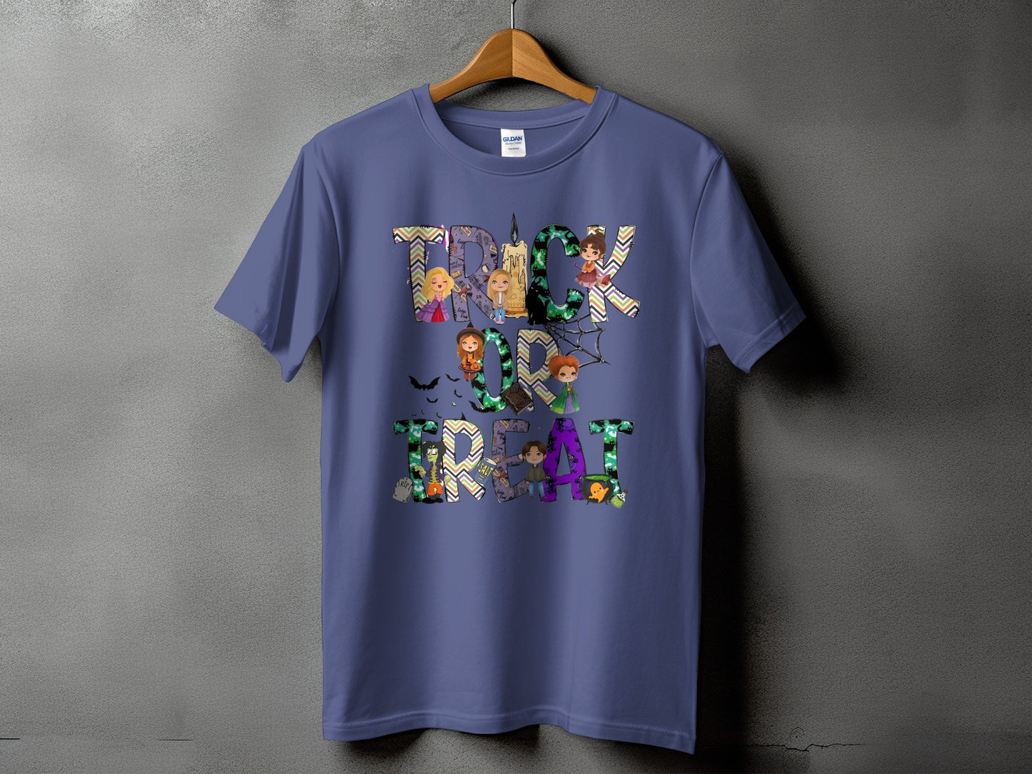 Purple t-shirt with "Trick or Treat" text featuring Halloween characters.