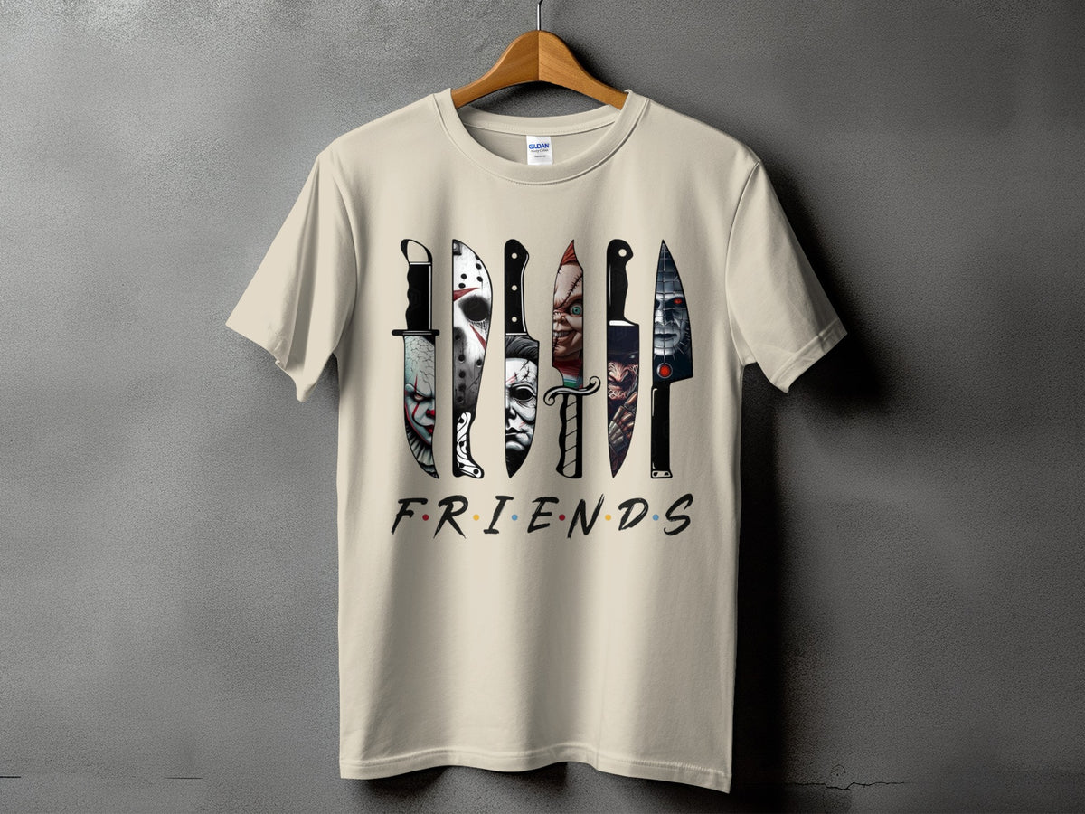 Light beige t-shirt with horror character knives and "FRIENDS" text.