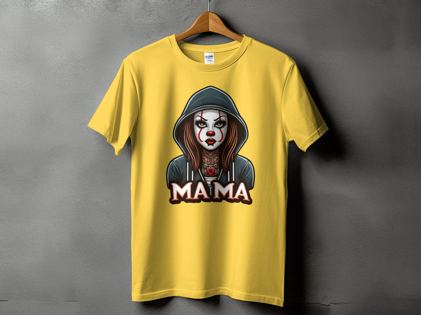 Yellow t-shirt with a creepy clown design and the word "MAMA"