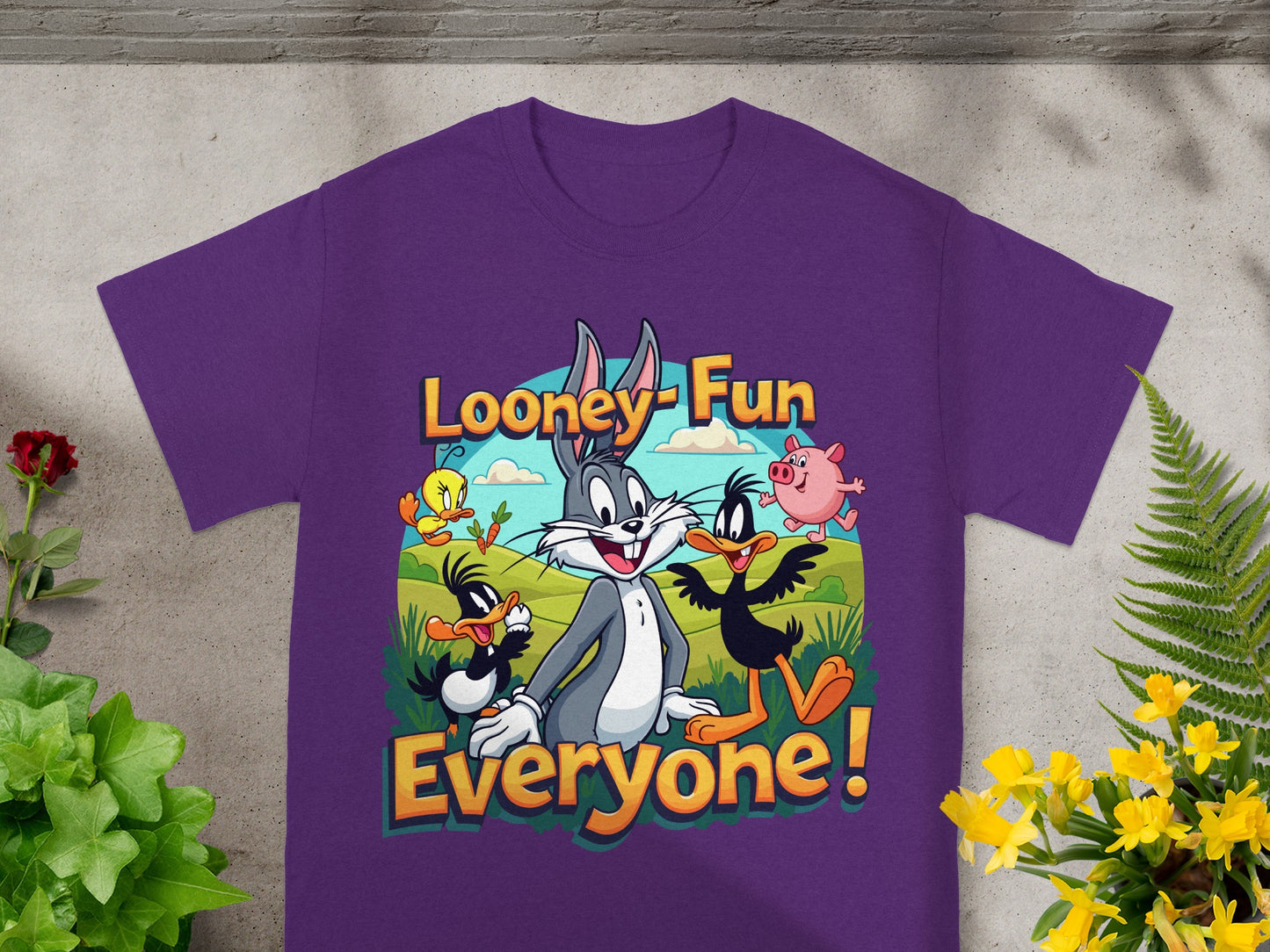 Looney Tunes characters Bugs Bunny, Daffy Duck, and Porky Pig on a purple t-shirt.